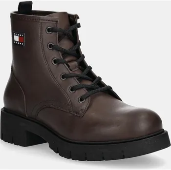 Dámské kozačky Kožené kotníkové boty Tommy Jeans TJW LACE UP LEATHER BOOT dámské, hnědá barva, na plochém podpatku, EN0EN02824 88X, EUR 41
