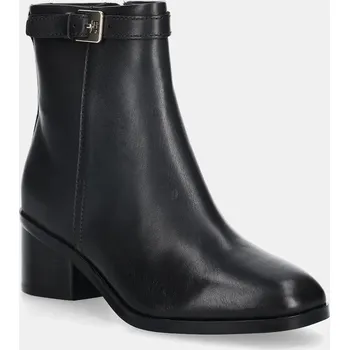Dámské kozačky Kožené kotníkové boty Tommy Hilfiger TH BUCKLE RIDING MID HEEL BOOTIE dámské, černá barva, na podpatku, FW0FW08859 99X, EUR 36