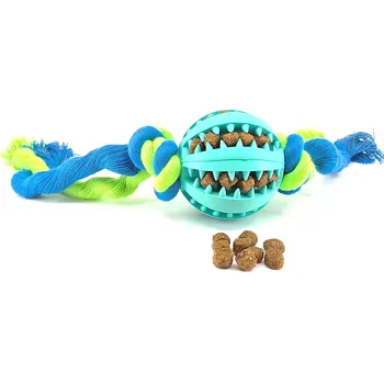 Hračka pro psa UNIQ PETS dentální míček na laně s vůní máty tyrkysový 35cm