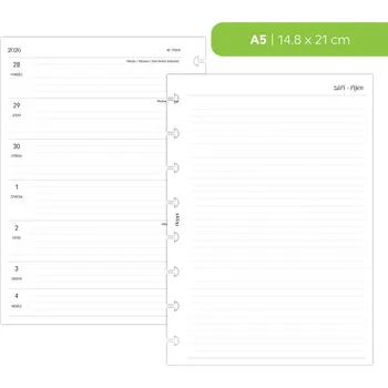 Kancelář Fleppi Náplň do diáře - Kalendář 2026, T1S linkovaný + linkované poznámky vpravo (207) Vyberte velikost náplně: A5 - 8 disků / Filofax Notebook