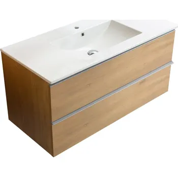 Koupelnový nábytek CERANO - Koupelnová skříňka pod umyvadlo s úchytkou Velora + keramické umyvadlo Todo - dub medový, chromová úchytka - 100x49,8x46 cm