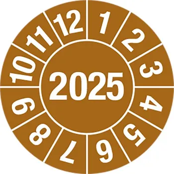 Samolepící etiketa Kontrolní štítek 2025, hnědý, fólie samolepicí, 25 mm, BJ = 5 x 15 kusů