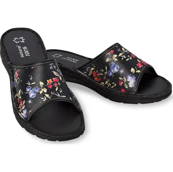 Chlapecká obuv Wooline Dámské kožené pantofle, černé s květy Velikost obuvi: 39