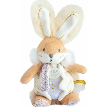 Doudou Hračka zajíček s chrastítkem a úchytem na dudlík 21 cm bílá