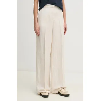 Dámské kalhoty Kalhoty s příměsí lnu Tommy Hilfiger béžová barva, high waist, WW0WW45464 01X, vel. 38