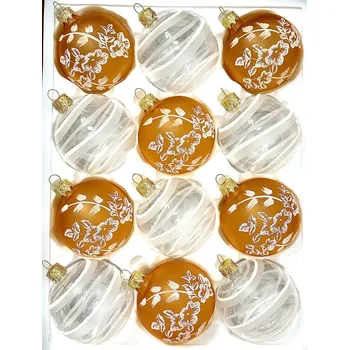 Vánoční ozdoba Irisa Vánoční harmonie – sada 12 skleněných koulí 7 cm v měděné a bílé kombinaci Velikost: 7 cm, Balení: 12ks, Barva: bílá;měděná