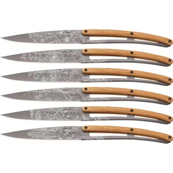 Kuchyňský nůž Deejo 6FB104 Tattoo sada 6 příborových nožů,šedý titan,olivové dřevo,Blossom
