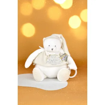 plyšák Doudou Dárková sada Plyšový lední medvídek s kroužkem 30 cm béžový