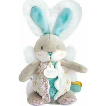 Hračka pro nejmenší Doudou Hračka zajíček s chrastítkem a úchytem na dudlík 21 cm tyrkysová