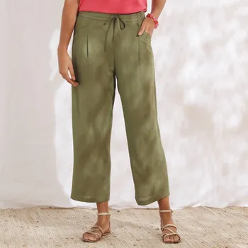 Dámské kalhoty 7/8 kalhoty ze směsi viskózy a lnu khaki 44