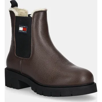 Dámská zimní obuv Kožené kotníkové boty Tommy Jeans TJW CHELSEA BOOT WL dámské, hnědá barva, na platformě, zateplené, EN0EN02826 88X, EUR 41