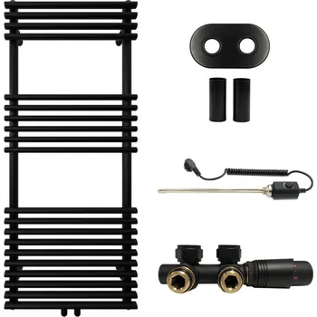 Radiátor CERANO - Koupelnový radiátorový set Luigi - kombinované výtápění, termo tyč - středové připojení 50 mm - 545W - černá matná - 1200x500 mm