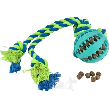 Hračka pro psa UNIQ PETS dentální míček s mátovou vůní na dvojitém laně s uzly 7x30cm