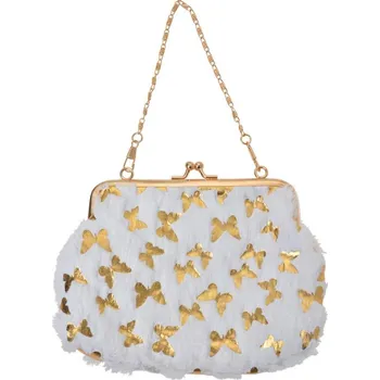 Peněženka Bílá plyšová taštička na řetízku se zlatými motýlky Droom – 15x10 cm