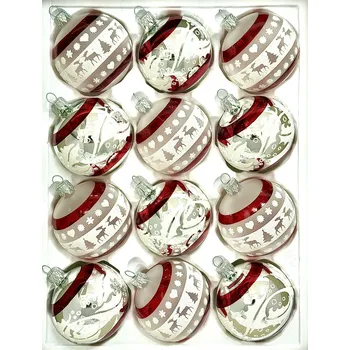 Vánoční ozdoba Irisa Retro Vánoce – sada 12 skleněných koulí 7 cm v červené a bílé s norským vzorem Velikost: 7 cm, Balení: 12ks, Barva: červená;bílá