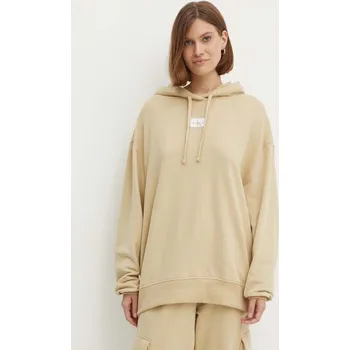 Dámská mikina Bavlněná mikina Calvin Klein Jeans dámská, béžová barva, s kapucí, s aplikací, J20J224063 08X, vel. XS