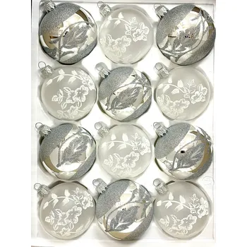 Vánoční ozdoba Irisa Stříbrná vánoční elegance – sada 12 skleněných koulí 7 cm s květinovým dekorem Velikost: 7 cm, Balení: 12ks, Barva: stříbrná