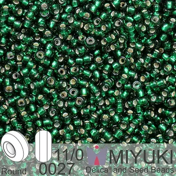 Korálek Korálky Miyuki Round 11/0. Barva 0027 Silverlined Dark Emerald. Balení 5g.