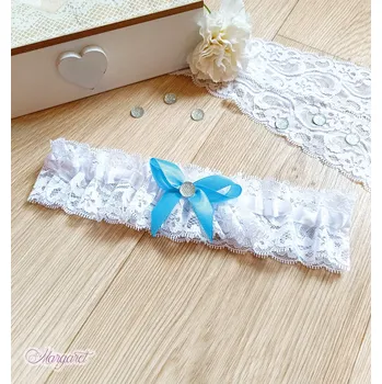 Podvazkový pás Svatební podvazek - Bílý, s azurovou mašličkou a kamínkem