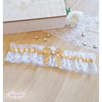 Podvazkový pás Svatební podvazek - Zlato-béžový s jutou a dřevěným srdíčkem