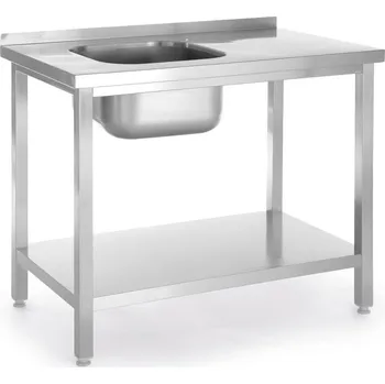 Jídelní stůl Dřezový stůl s policí, přišroubovaný, HENDI, Kitchen Line, Nerez stůl z dřezem na levé straně, 800x600x(H)850mm