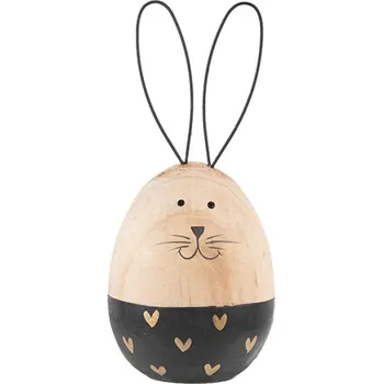 Dřevěná černo-hnědá oválná dekorace králíčka ve tvaru vajíčka – 6x14 cm