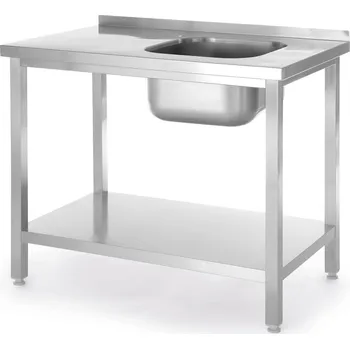 Dřezový stůl s policí, přišroubovaný, HENDI, Kitchen Line, Nerez stůl s dřrezem na pravé straně, 800x600x(H)850mm