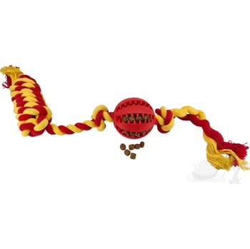 Hračka pro psa UNIQ PETS dentální míček na laně s rukojetí, vůně máty červený 40cm