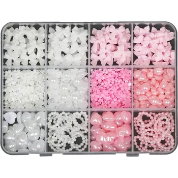 Umělé nehty Sada 500 ks dekorací na nehty 3D pryskyřičné mašle perličky s plochým zadním okrajem srdíčka a mix tvarů nail art DIY ozdoby manikúra plast