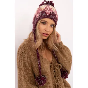 Čepice Dámská čepice ušanka s bambulkami model 21391 vínová