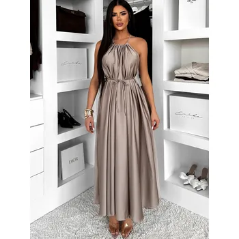 Dámské šaty Tmavě béžové dlouhé lesklé šaty MADES se zavazováním Velikost: ONESIZE