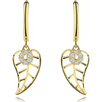 Náušnice Zlaté náušnice 14K kruh s listem a květem z kubických zirkonů