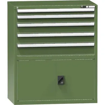 Zásuvková dílenská skříňka, v x š x h: 1215 x 1037 x 630 mm, 5 x zásuvka, 1x skříňka, barva zelená RAL6011