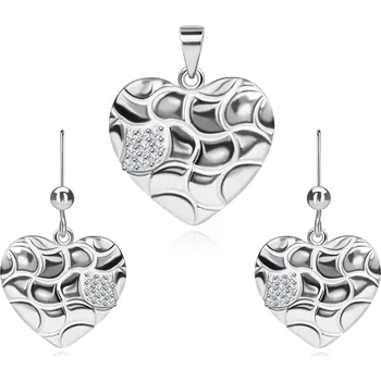Souprava šperků Set náušnic a přívěsku, stříbro 925, srdce se zvlněnými zářezy a zirkony