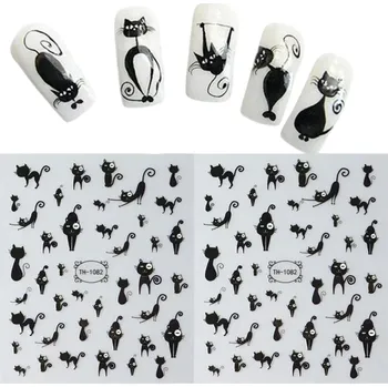 Umělé nehty 2 ks samolepky na nehty černá kočka 3D kreslené zvíře samolepicí obtisky nail art dekorace manikúra roztomilé kočičí motivy příslušenství
