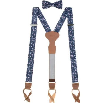 Kšandy Avantgard Set Látkové šle Y s koženým středem a poutky - 35 mm, motýlek a kapesníček, 885-198163, Modrá, tmavě hnědá kůže