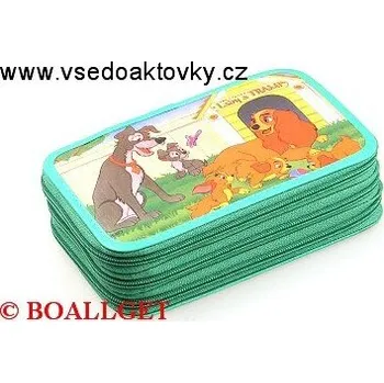 Penál PENÁL LADY A TRAMP + BONUS, 3.zipový, omyvatelný - náplň zdarma (sada pastelek, sada fixů, 3 tužky, pryž, ořezávátko, propiska, tornádo, plnicí pero, bombičky, vod. barvy, 2 štětce, nůžky, pravítko, trojúhelník ) T-10/4 DP 367813