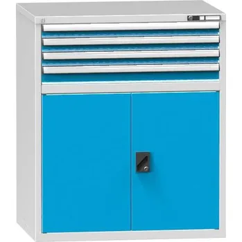 Zásuvková dílenská skříňka, v x š x h: 1215 x 1037 x 780 mm, 4 x zásuvka, 1 x skříňka, barva šedá RAL7035/modrá RAL5012