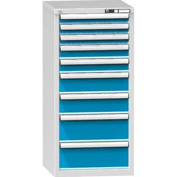 Zásuvková dílenská skříňka, 9 x zásuvka, v x š x h: 1215 x 578 x 630 mm, barva šedá RAL7035/modrá RAL5012