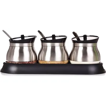 Dóza na potraviny BOROSIL | Sada 3 ks 280 ml skleněných dóz na potraviny a koření s víčkem, nerez lžičkami a podstavcem | černá Dedra