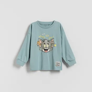 Dětská móda Reserved - Dlouhé tričko Tom a Jerry - světle tyrkysová - 619FJ-60X - 619FJ-60X-104