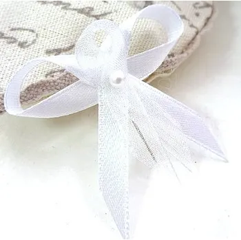 Svatební dekorace Svatební mašličky s perličkou 4 cm - bílá šifon a satén