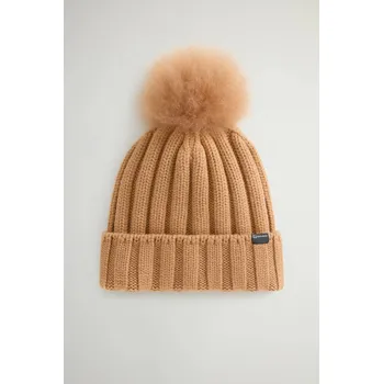 Klobouk ČEPICE WOOLRICH BEANIE CASHMERE POM POM SOFT CAMEL