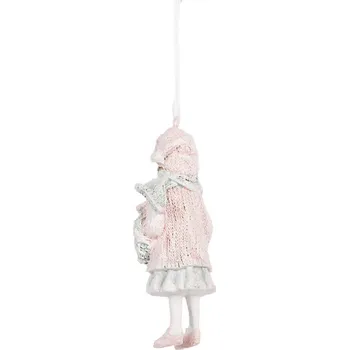 Růžová závěsná dekorace děvčátko ve svetříku držící věneček - 5*4*11 cm