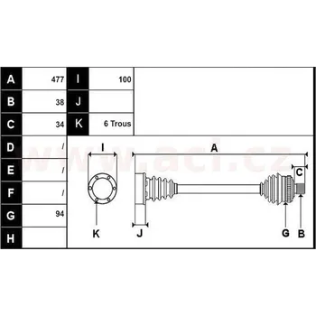 zadní poloosa AVORD délka 477mm, 38 drážek u kola, 6 šroubů u diferenciálu AUT+MAN, vč. ABS kroužku, P, repasovaný originál (+v