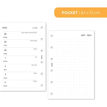 Diář Fleppi Náplň do diáře - Kalendář 2026, T1S čistý + tečkované poznámky vpravo (208) Vyberte velikost náplně: Pocket