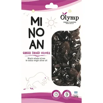 oliva Olymp Sušené Černé Olivy Vakuované v marinádě s extra panenským olivovým olejem 250 g