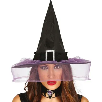 Karnevalový doplněk Černý klobouk pro čarodějnici se závojem