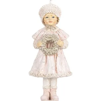 Vánoce Růžová závěsná dekorace děvčátko držící věneček - 5*5*11 cm