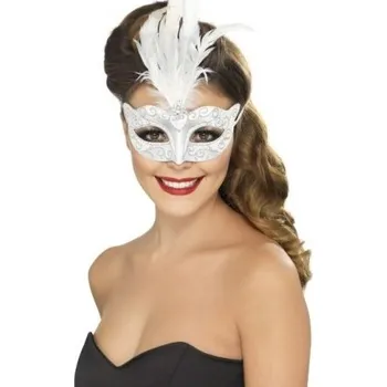Karnevalový doplněk Škraboška stříbrná s bílým peřím